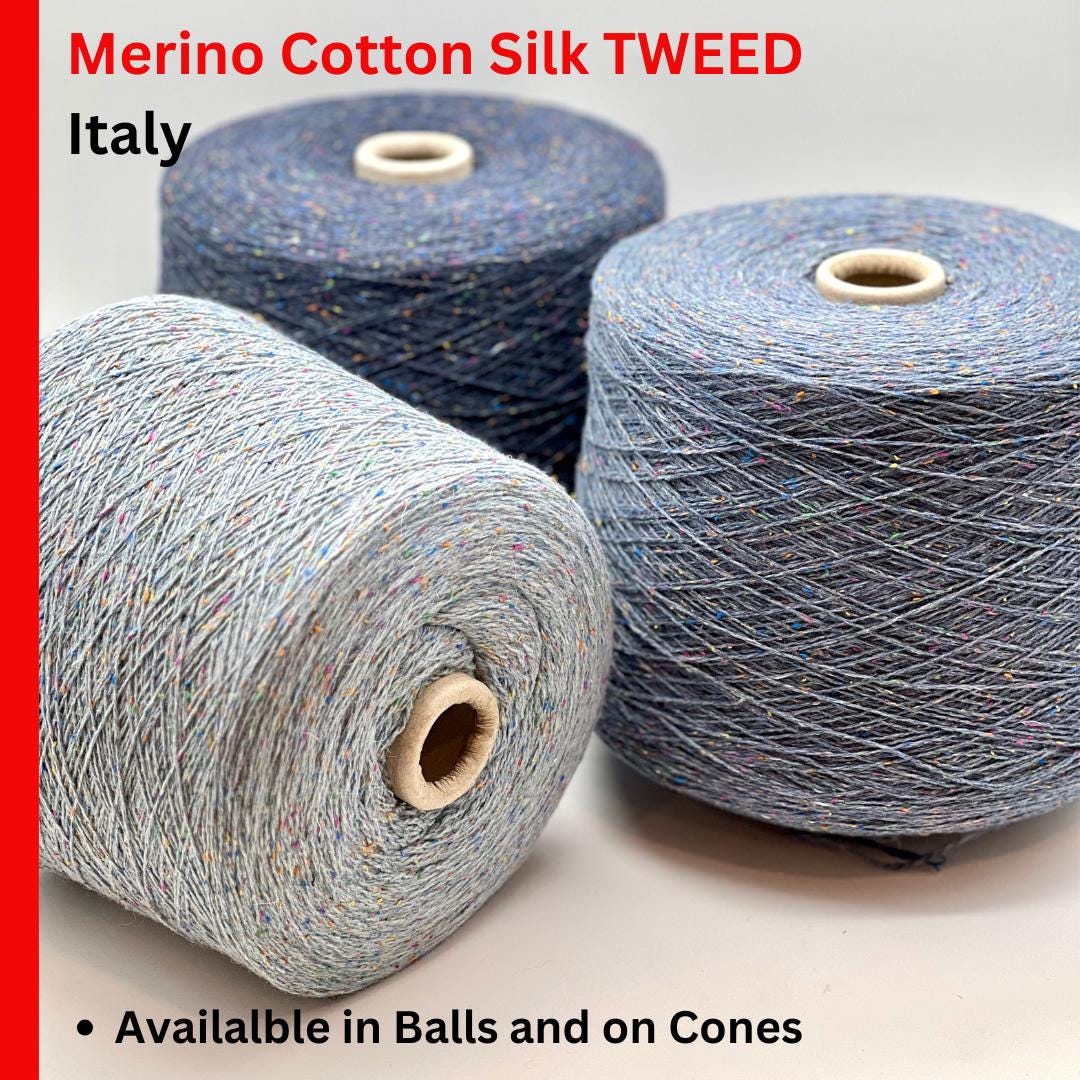 Profilo TULIP colorful tweed yarn made in Italy
Luxury Italian merino silk cotton tweed yarn close up
Soft tweed lace yarn 700m per 100g for sweaters and shawls
Italian tweed yarn with multicolor flecks
TULIP merino silk cotton yarn with refined tweed texture detail