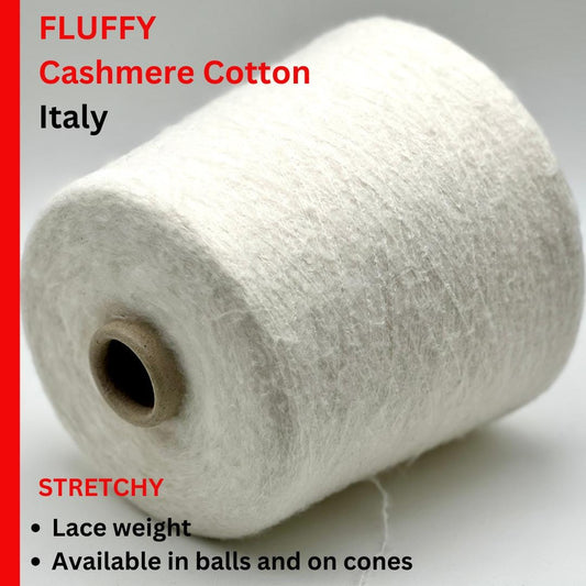 Roll of fluffy cashmere cotton from Italy with text describing its properties.
