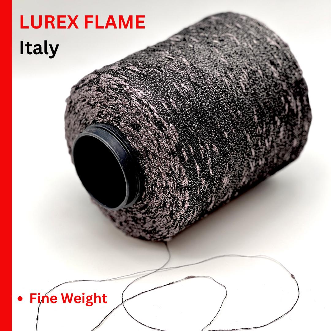 Spool of Lurex Flame yarn from Italy on a white background with red text.