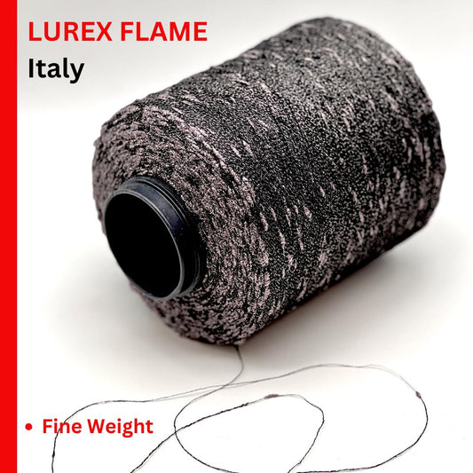 Spool of Lurex Flame yarn from Italy on a white background with red text.