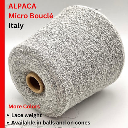 Elite iDOKNiT luxury micro-bouclé yarn, BABY15 by Polipeli Italy. 79% baby alpaca lace weight, Nm 14500. Authentic Italian-made fine airy loop yarn curated by iDOKNiT for professional knitting.