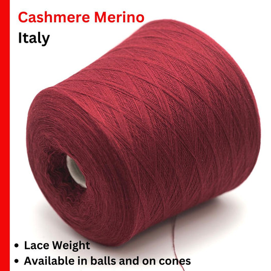 A luxurious cone of RiGo Trebisonda lace-weight yarn in deep Bordeaux #1428, showcasing the refined 30% Cashmere and 70% Extrafine Merino blend. The collection highlights the incredible 1500m yardage and buttery soft Italian texture perfect for ultra-light knitwear. Available at iDOKNiT.com.