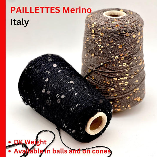 Two spools of yarn, one black and one brown with gold sequins, on a white background.