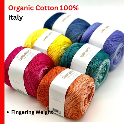 Lana Gatto MAURITIUS organic cotton yarn Italian fingering yarn
Luxury organic cotton yarn for summer garments and baby knits
Close up of MAURITIUS yarn showing smooth cotton texture
Italian organic cotton yarn for lightweight shawls and sweaters
Soft breathable fingering cotton yarn for elegant knitwear