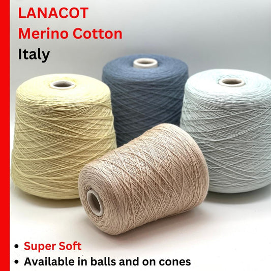 Three spools of LANACOT Merino Cotton from Italy on a white background with text highlighting the product details.