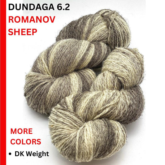 Exclusive iDOKNiT rare heritage yarn, 100% Romanov Sheep Wool 6.2 from Paces Vilnas Fabrika, Latvia. A professionally spun 6/2 two-ply DK weight that offers superior body and stability compared to single-ply versions while retaining 70% natural lanolin. Curated by iDOKNiT in natural grey and tweed-depth dyed shades for high-warmth, weather-resistant heritage sweaters and robust outdoor accessories.