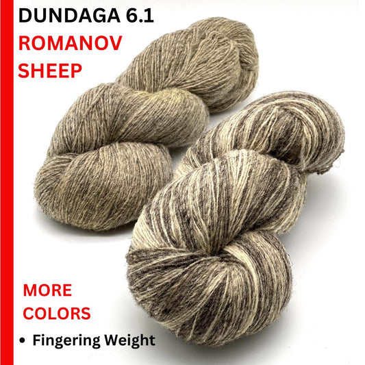 Exclusive iDOKNiT rustic fingering weight yarn, Romanov Sheep Wool from Paces Vilnas Fabrika, Latvia. 100% pure Romanov wool traditionally processed to retain 70% natural lanolin for extreme durability and weather resistance. Single-ply construction providing 420m per 100g. Curated by iDOKNiT in natural and tweed-effect dyed shades for heritage-style, hearty knitwear.