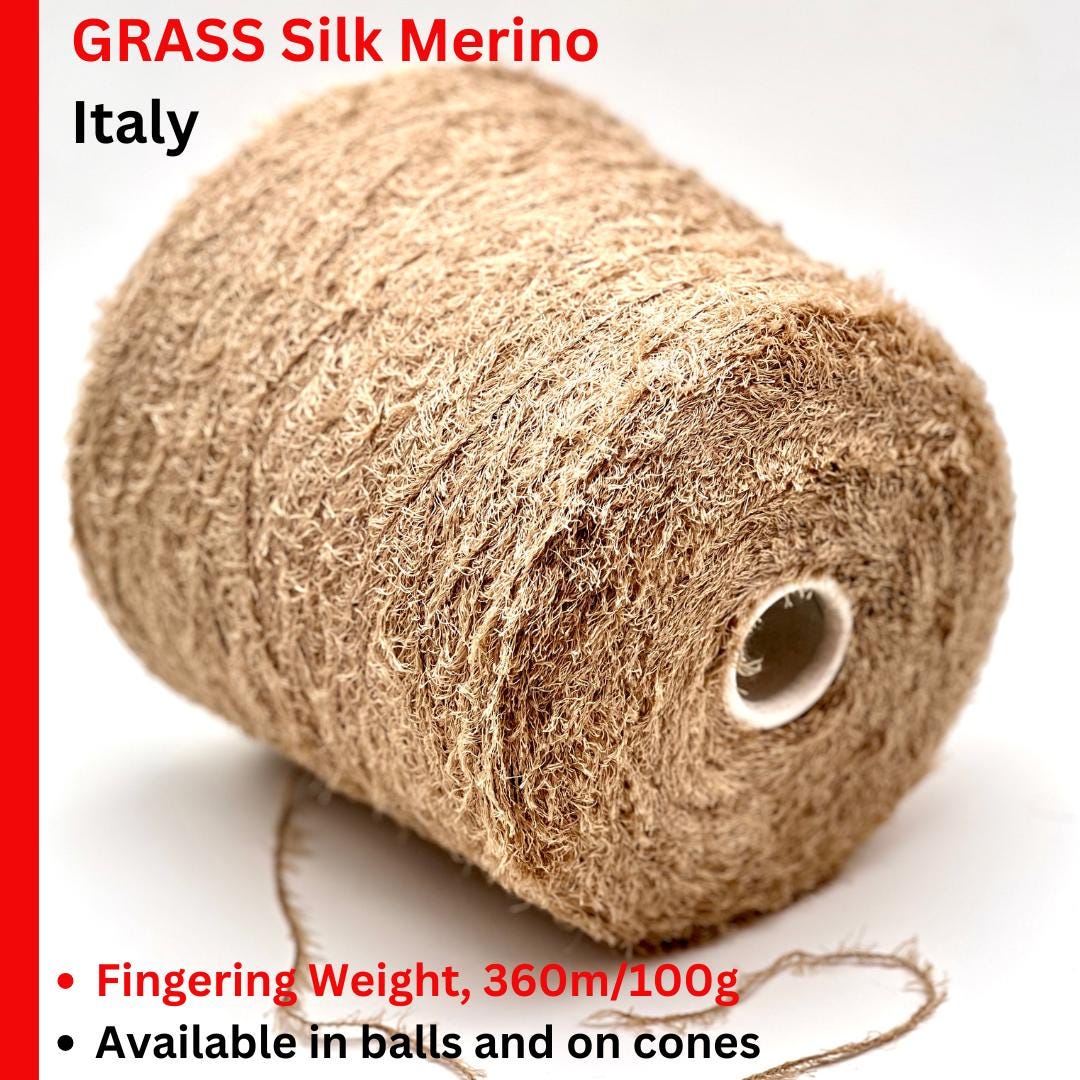 RiGo MANDORLO Italian grass yarn made from silk and merino wool, luxury textured fingering weight yarn for sweaters, shawls, and accessories.