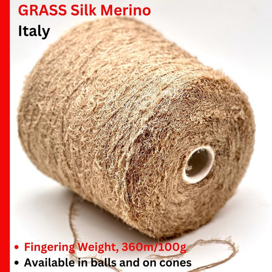 RiGo MANDORLO Italian grass yarn made from silk and merino wool, luxury textured fingering weight yarn for sweaters, shawls, and accessories.