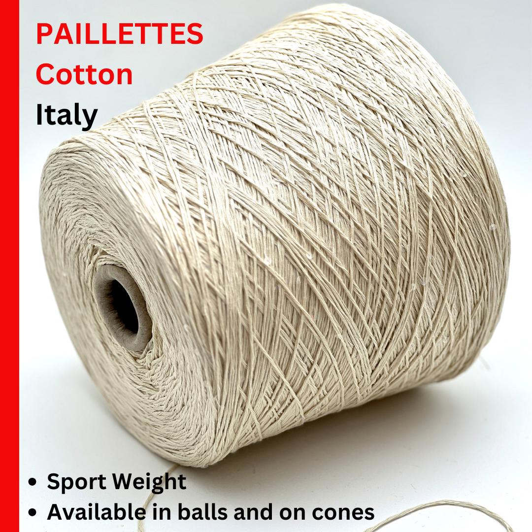 PAILLETTES Cotton yarn by Filati Naturali, Italy – 100% premium cotton with holographic 2mm sequins, ultra-soft and breathable with a sophisticated shimmer. Ideal for summer tops, evening shawls, and luxury knitwear. Premium Italian yarn available at iDOKNiT.com.