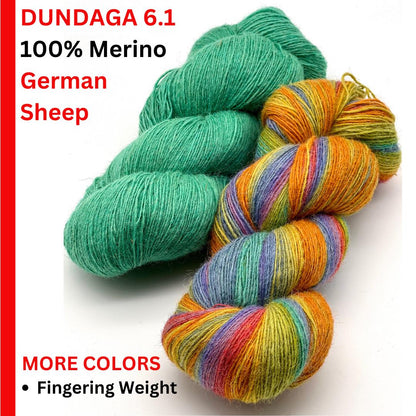 DUNDAGA 6/1 fingering weight yarn – 100% Merino wool from German sheep, high lanolin content for a soft rustic feel, shown in natural hand-dyed gradients. Ideal for cozy sweaters and heritage knitting with authentic German sheep wool. Premium European yarn available at iDOKNiT.com.