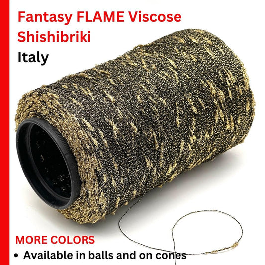 Textured cylindrical object with 'Fantasy FLAME Viscose Shishibriki Italy' text on a white background.