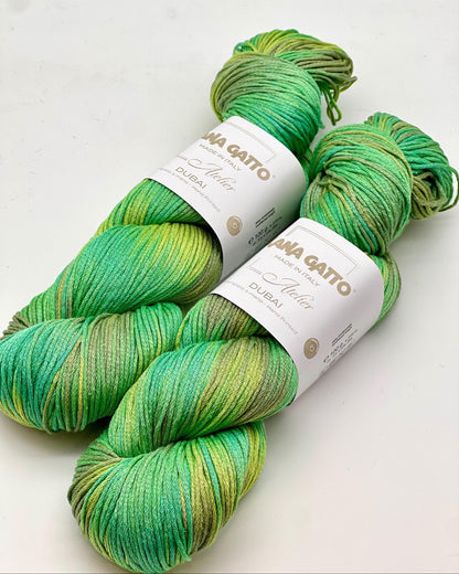 Lana Gatto DUBAI premium 72% Seta Silk and 28% Organic Cotton Italian sport weight yarn, hand-dyed for luxury summer knitting and crochet at iDOKNiT.