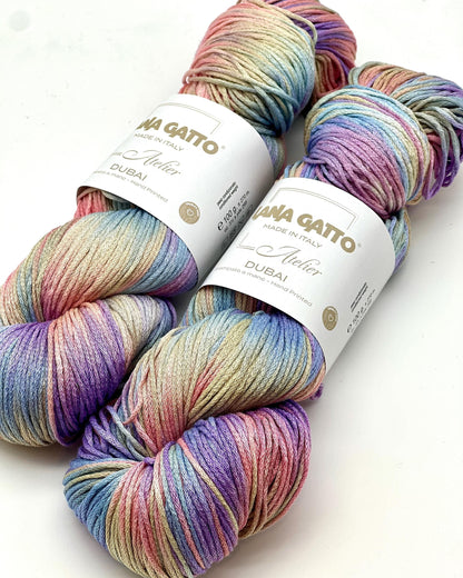 Lana Gatto DUBAI premium 72% Seta Silk and 28% Organic Cotton Italian sport weight yarn, hand-dyed for luxury summer knitting and crochet at iDOKNiT.
