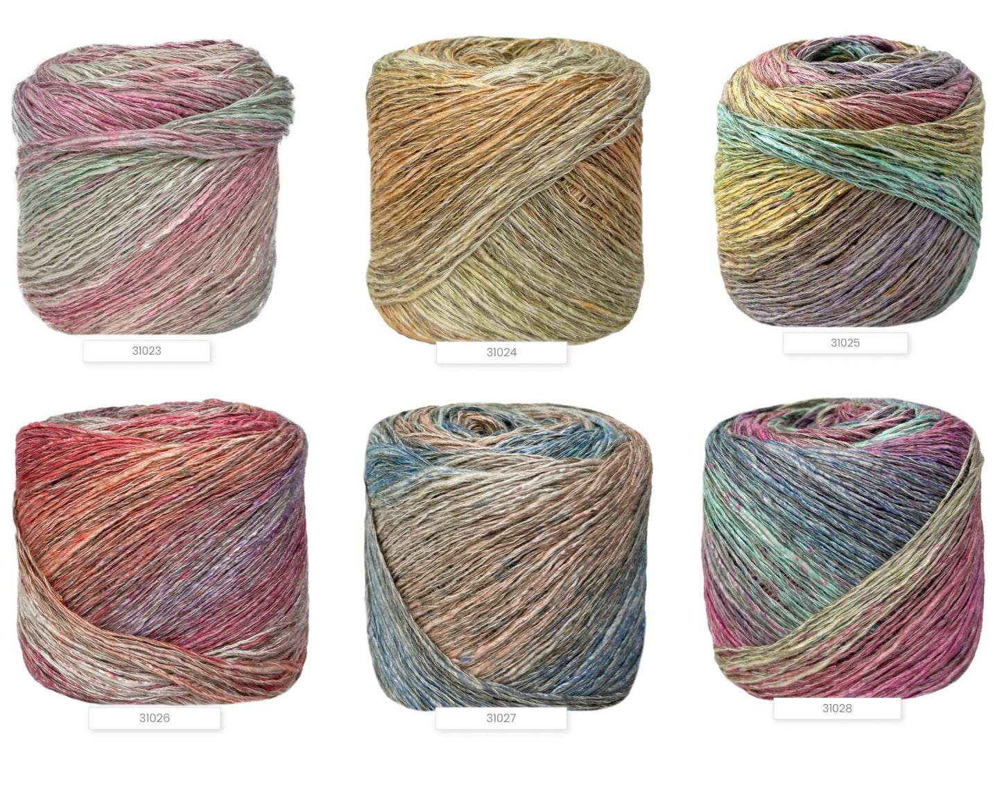 Six skeins of multicolored yarn on a white background