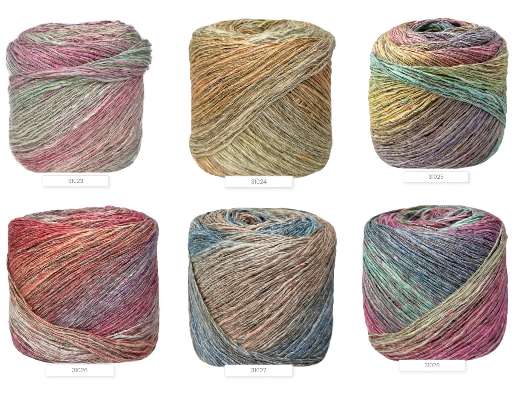 Six skeins of multicolored yarn on a white background