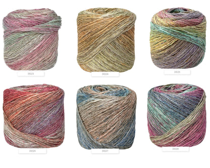 Six skeins of multicolored yarn on a white background