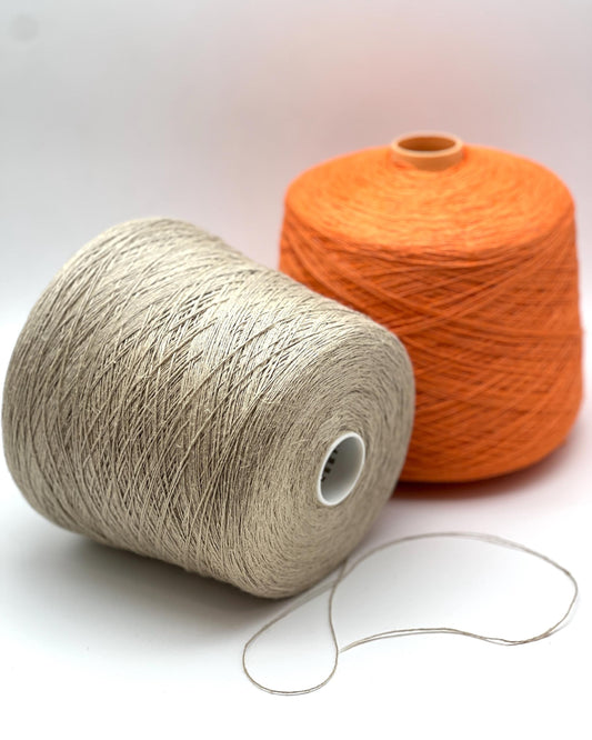 Premium iDOKNiT fingering weight yarn, FRESCOLINO by RiGo Italy. 100% pure linen fiber with an Nm 3/12 count, providing 400m per 100g. Authentic Italian-made plant fiber curated by iDOKNiT for breathable, long-lasting summer garments in vibrant shades like 1488 Orange and 1489 Beige.