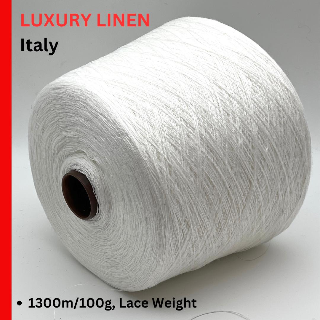 Pure linen yarn Botto Giuseppe NILO in Snow White color
Luxury Italian lace weight linen yarn close up texture
Botto Giuseppe NILO 100% pure linen yarn for summer tops
Snow White linen yarn for weaving crochet and lace knitting
Fine Italian linen yarn for heirloom garments and resort wear