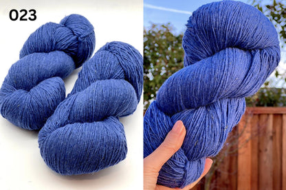 Exclusive iDOKNiT fingering weight heritage yarn, DUNDAGA 6.1 from Paces Vilnas Fabrika, Latvia. A traditional 6/1 single-ply blend of 70% Latvian wool and 30% Latvian merino, providing 460m per 100g. Curated by iDOKNiT in a spectrum of authentic blue and green Baltic shades (022, 023, 024, 054, 067, 069, 092) for rustic-refined knitwear with a soft, natural bloom.