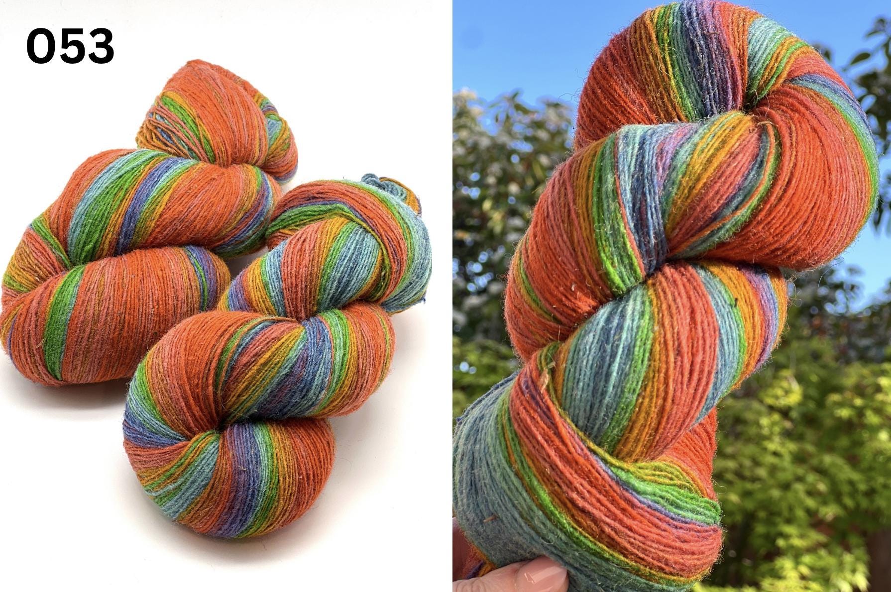 Small-batch dyed heritage skeins of 100% Latvian Dark-Headed Sheep Wool in earthy multicolor gradients like Green-Brown #052. The image shows the rustic single-ply texture and the sheep breed origin, representing the authentic wool traditions of Paces Vilnas Fabrika, Latvia. Available at iDOKNiT.com.