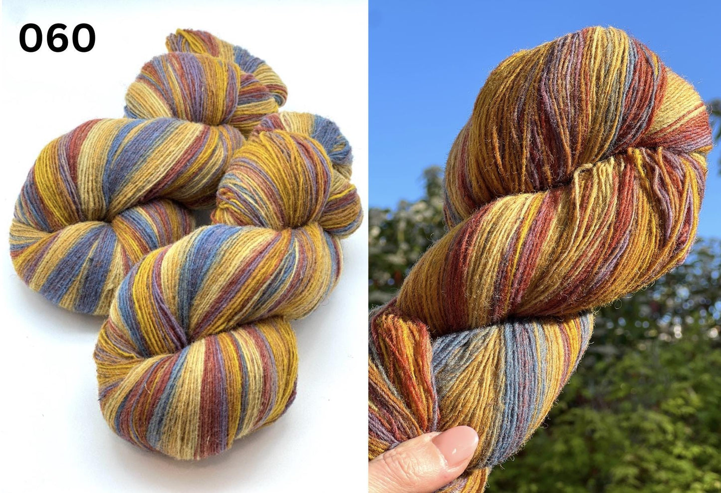 Small-batch dyed heritage skeins of 100% Latvian Dark-Headed Sheep Wool in earthy multicolor gradients like Green-Brown #052. The image shows the rustic single-ply texture and the sheep breed origin, representing the authentic wool traditions of Paces Vilnas Fabrika, Latvia. Available at iDOKNiT.com.