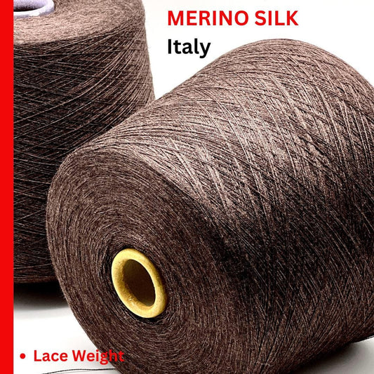 Two spools of Merino Silk yarn with 'Merino Silk, Italy" on a white background