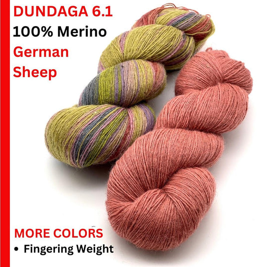 Exclusive iDOKNiT fingering weight wool, DUNDAGA 6.1 from Paces Vilnas Fabrika. 100% Merino wool from German sheep, traditionally processed in Latvia without chemicals to retain high lanolin content. Single-ply construction providing 420m per 100g. Curated by iDOKNiT for authentic, warm, and elastic knitwear with a natural "alive" feel.