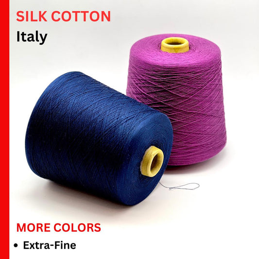 Emilcotoni Silk & Cotton lace yarn from Italy. Shown on professional cones in shades like Ochre, Navy Blue, and Brown. High-quality designer yarn for retail at iDOKNiT.com.