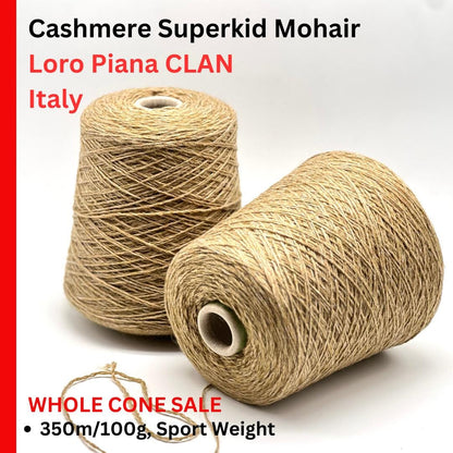 Two skeins of Cashmere Superkid Mohair yarn with Loro Piana branding on a white background.