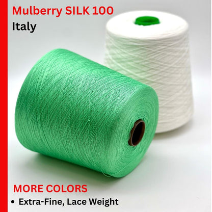Botto Giuseppe Shine 100% pure Mulberry silk extra-fine lace weight yarn from iDOKNiT. Premium sustainable Italian-spun fiber with high natural luster for luxury knitting and weaving, 3000m per 100g cone.