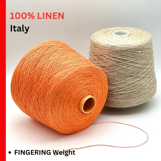 Premium iDOKNiT fingering weight yarn, FRESCOLINO by RiGo Italy. 100% pure linen fiber with an Nm 3/12 count, providing 400m per 100g. Authentic Italian-made plant fiber curated by iDOKNiT for breathable, long-lasting summer garments in vibrant shades like 1488 Orange and 1489 Beige.