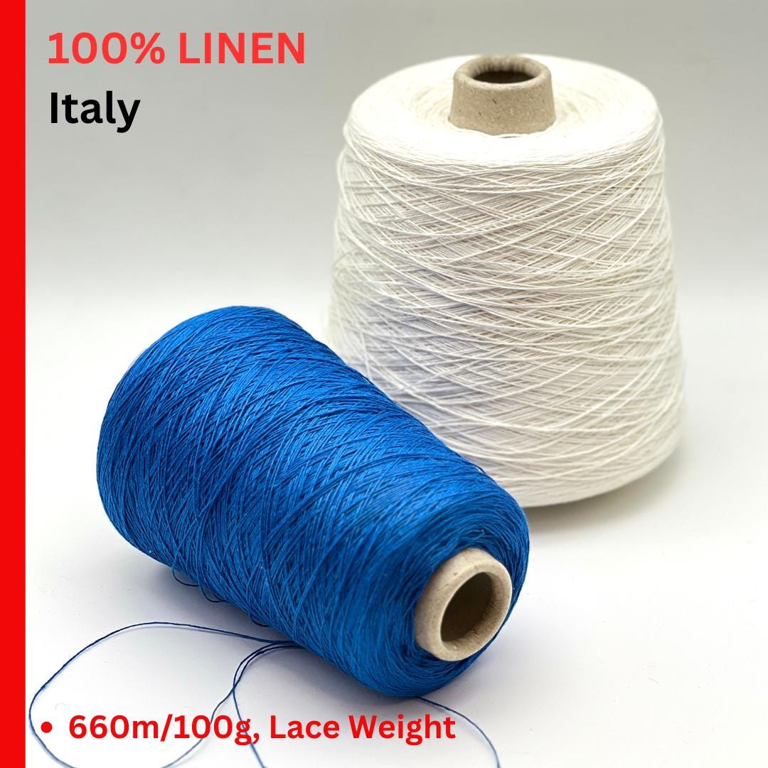 Exclusive iDOKNiT lace weight yarn, LINONE by NEW MILL Italy. 100% pure linen fiber providing 660m per 100g. Authentic Italian-made luxury plant fiber curated by iDOKNiT for breathable, high-end summer garments, available in classic natural, white, and blue shades.