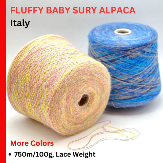 Two skeins of yarn, one multicolored and one blue, with text about Fluffy Baby Sury Alpaca from Italy.