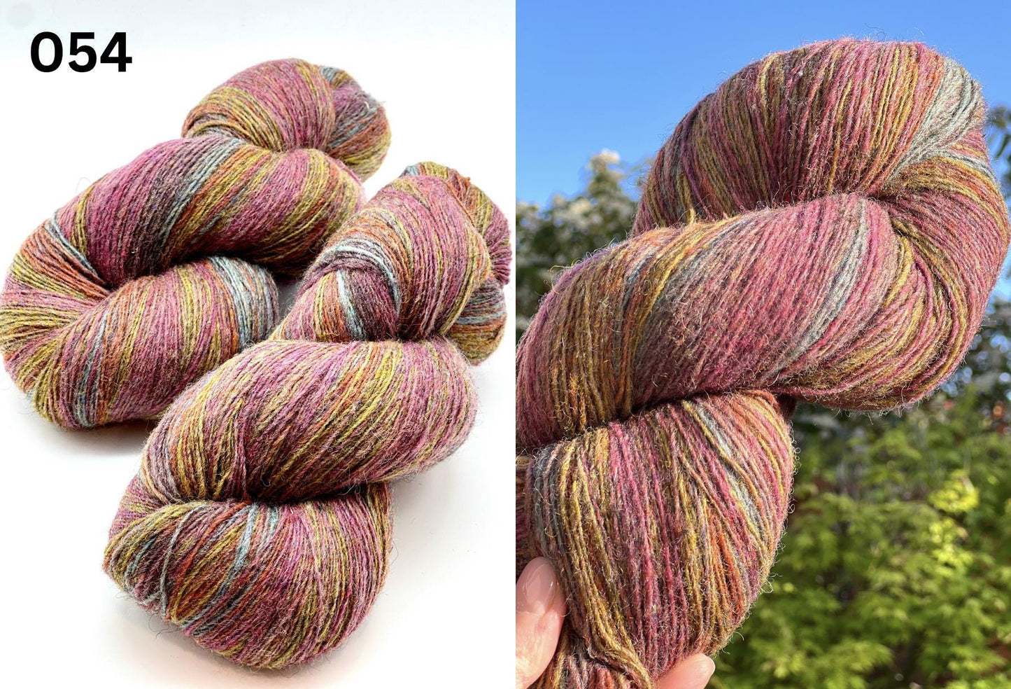 Small-batch dyed heritage skeins of 100% Latvian Dark-Headed Sheep Wool in earthy multicolor gradients like Green-Brown #052. The image shows the rustic single-ply texture and the sheep breed origin, representing the authentic wool traditions of Paces Vilnas Fabrika, Latvia. Available at iDOKNiT.com.