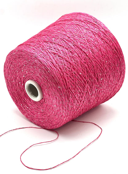 SAINT TROPEZ luxury yarn by RiGo, Italy – fingering weight blend of 80% linen, 15% silk, and 5% silver paillettes. Light, breathable, with a luminous sparkle. Ideal for elegant warm-weather knits.. Resberry pink color.