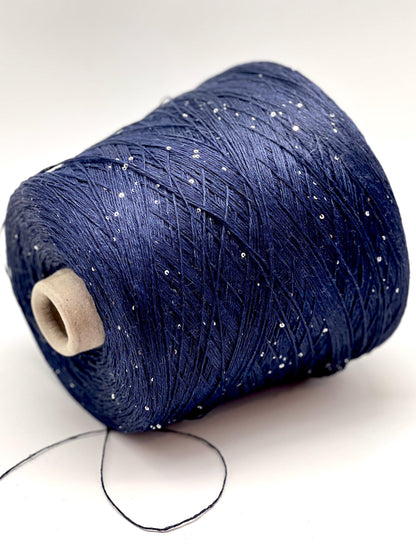 SAINT TROPEZ luxury yarn by RiGo, Italy – fingering weight blend of 80% linen, 15% silk, and 5% silver paillettes. Light, breathable, with a luminous sparkle. Ideal for elegant warm-weather knits. Navy blue color.