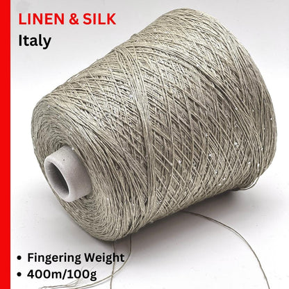 SAINT TROPEZ luxury yarn by RiGo, Italy – fingering weight blend of 80% linen, 15% silk, and 5% silver paillettes. Light, breathable, with a luminous sparkle. Ideal for elegant warm-weather knits.