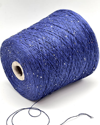 SAINT TROPEZ luxury yarn by RiGo, Italy – fingering weight blend of 80% linen, 15% silk, and 5% silver paillettes. Light, breathable, with a luminous sparkle. Ideal for elegant warm-weather knits.. Ink blue color.