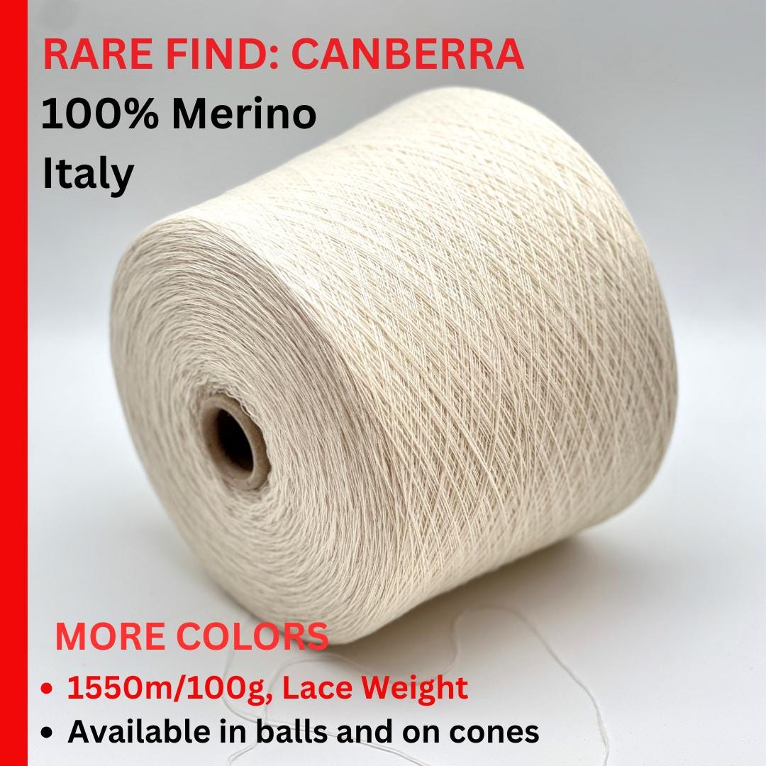 CANBERRA lace-weight yarn by Lanecardate, Italy – 100% extra fine Merino wool, ultra-soft and breathable, shown in natural lighting. Ideal for featherweight sweaters, lace shawls, and luxury weaving. Premium Italian yarn available at iDOKNiT.com.