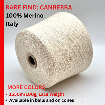 RARE Find: Merino Wool, CANBERRA, Luxury Italian Yarn by LANECARDATE, Sold in Balls or on Cones, Lace Weight, 1550m/100g (1695y/3.52 oz)