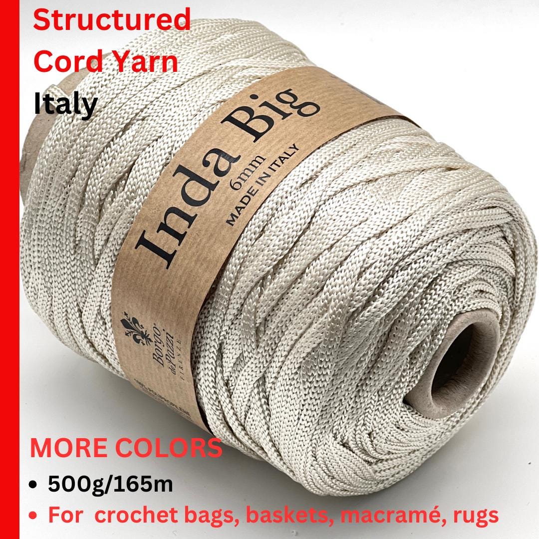 INDA BIG 6mm super bulky cord yarn by Borgo de Pazzi, Italy – 100% lightweight polypropylene, structured round cord shown in a variety of sophisticated colors. Ideal for durable crochet bags, home decor baskets, and luxury macramé rugs. Premium Italian yarn available at iDOKNiT.com.