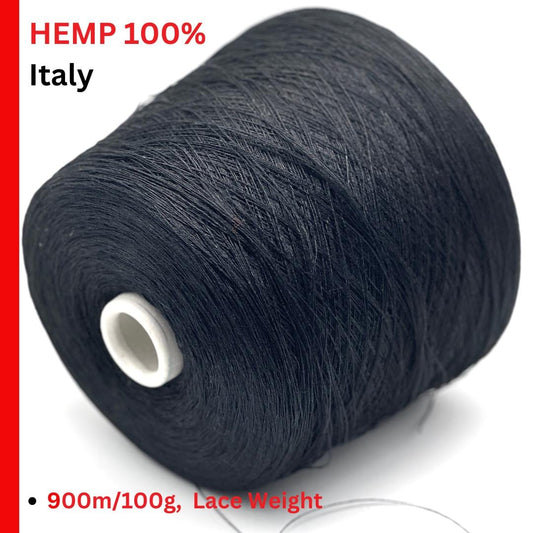 Spool of black yarn labeled 'Hemp 100%, Italy' on a white background