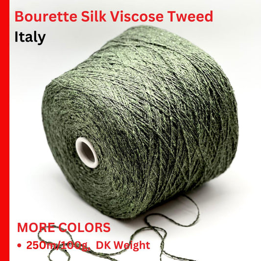 Green skein of Bourette Silk Viscose Tweed from Italy on a white background with text about color availability and weight.