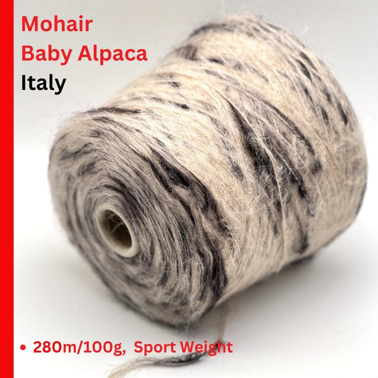Roll of mohair baby alpaca yarn from Italy on a white background with text.