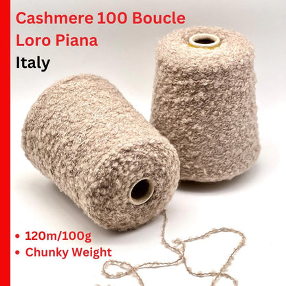 Two skeins of Loro Piana cashmere yarn on a white background with text about the product.