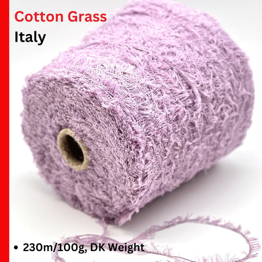 Roll of pink yarn with text indicating 'Cotton Grass Italy' and product details.