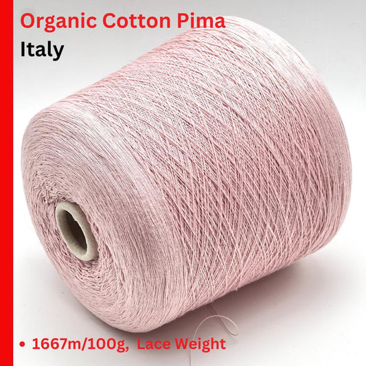 Organic Cotton Yarn, PIMA 12, Premium Italian Yarn by IAFIL SPA, Available in Balls or Cones, Lace Weight, 1667m/100g (1823y/3.52oz)
