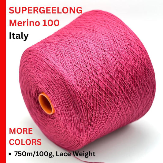 Pink spool of yarn with text about Supergeelong Merino 100 yarn from Italy on a white background.
