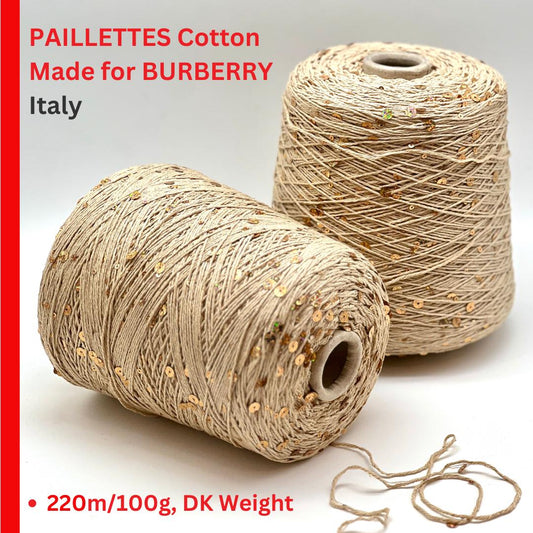 Two spools of Paillettes Cotton made for Burberry on a white background with red text.